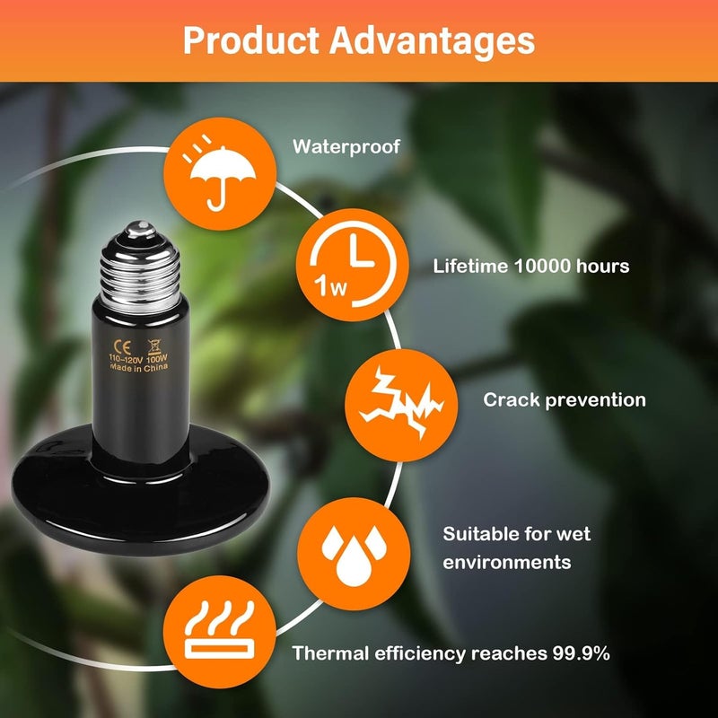 HealSmart Reptile Heat Lamp 100W 2-Pack Ceramic Heat Emitter, No Light Emitting Heat Bulbs for Amphibian Pet Brooder Coop Incubating Chicken, Lizard Bearded Dragon Turtle Snake Terrarium Black - Image 4